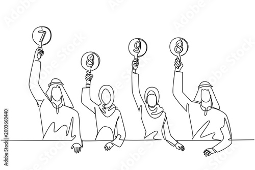 Beautiful one line drawing of two Arab business men and two Muslim business women holding scorecards. This global diversity concept is an ideal graphic for an international event banner design.