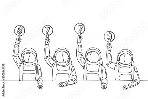 Brilliant single line drawing of four professional astronauts holding up scorecards. This amazing outer space science concept is highly recommended for a school presentation or an exhibition poster.