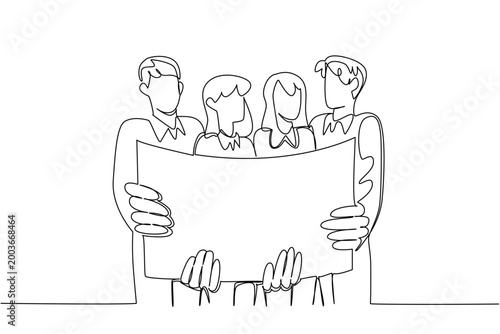 Single line drawing of two businessmen and two businesswomen holding a large blank advertisement paper. This teamwork business concept is an excellent choice for corporate company presentation poster.