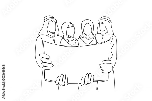 Beautiful one line drawing of two Arab businessmen and two Muslim businesswomen holding a large blank paper map. Diversity teamwork concept works perfectly for an international community event flyer.