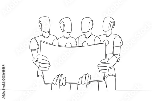 Creative single line drawing of four robots holding a large future business blueprint. This advanced technology concept works perfectly for an educational robotics workshop presentation.
