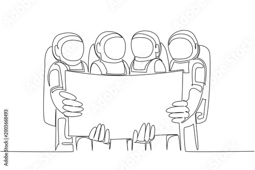 Continuous line drawing of four astronauts holding a large blueprint together in front of chest. This outer space science concept is a fantastic option for a school educational poster or exhibition.