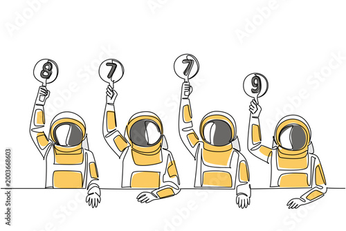 Continuous line drawing of four astronauts holding scorecards with various numbers in color. This brilliant universe science concept represents a fantastic option for a space museum exhibition poster.