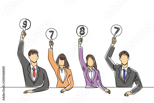 Creative one line drawing of two businessmen and two businesswomen holding scorecards in color. This teamwork business concept is absolutely amazing choice for a corporate business competition banner.