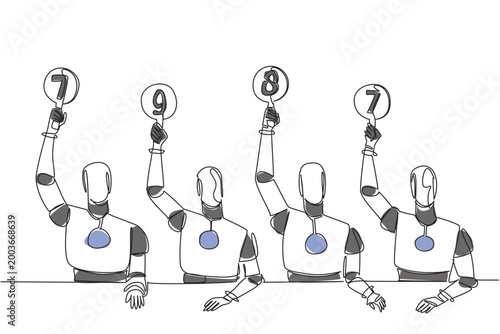 Colorful continuous line drawing of four robots holding scorecards with various numbers. This excellent technology concept is perfectly tailored for an artificial intelligence presentation layout.