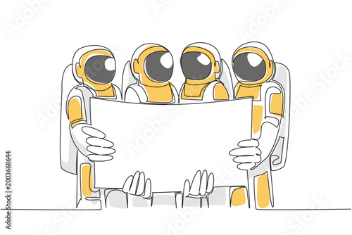 Brilliant one line drawing of four astronauts holding a wide paper map in color. This future business of universe exploration concept is outstanding choice for a space museum exhibition banner layout.