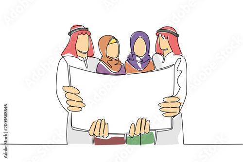 Colorful single line drawing of two Arabian employee men and two Muslim worker women holding a wide blank paper map. Global business concept is an ideal graphic for an international conference banner.