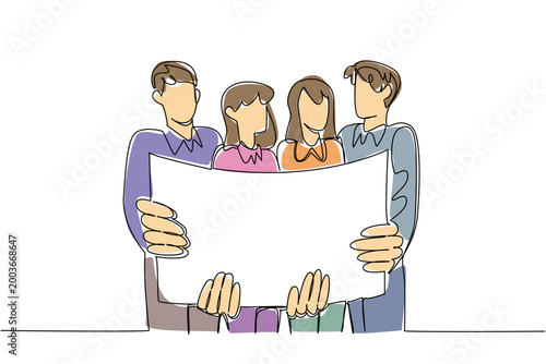 Colorful continuous line drawing of two businessmen and two businesswomen holding a big blank paper board. Architecture business concept is absolutely perfect for startup project proposal template.