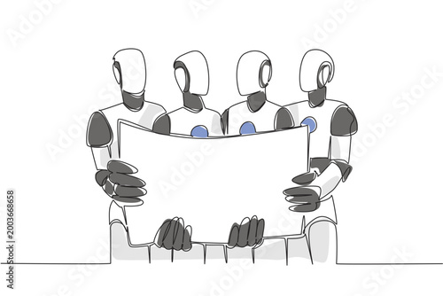 Colorful continuous line drawing of four robots holding a big blank paper for communication mockup. Artificial intelligence concept is an excellent graphic for an international tech conference banner.