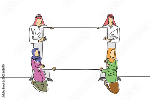 Colorful continuous line drawing of two Arabian businessmen and two Muslim businesswomen holding blank board. Teamwork diversity concept is suitable for a global business presentation or flyer design.