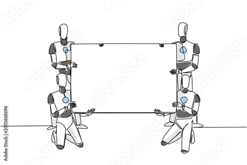Colorful one line drawing of four robots kneeling and holding a large blank board. This amazing artificial intelligence technology concept is ideal graphic for an international tech conference banner.