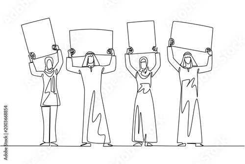 Beautiful one line drawing of two Arabian businessmen and two Muslim businesswomen lifting four campaign boards up. This global diversity concept works perfectly for an international community flyer.