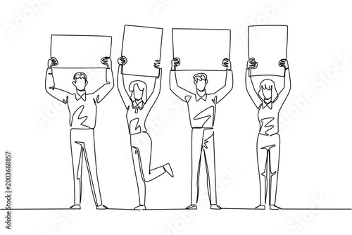 Single line drawing of two businessmen and two businesswomen holding four blank ad campaign boards above their heads. This teamwork business concept is excellent choice for a corporate meeting poster.