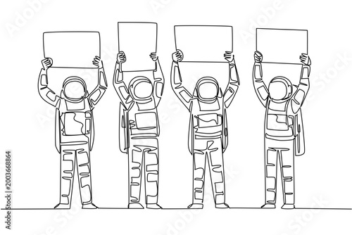Brilliant one line drawing of four astronauts standing and lifting four individual blank ad boards over their heads. This outer space science concept represents a fantastic option for a school poster.