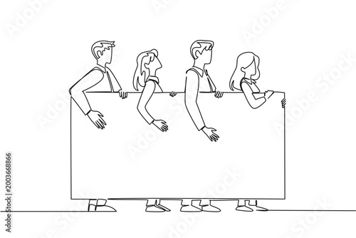 Single line drawing of two businessmen and two businesswomen walking while holding a large blank marketing board. This teamwork business concept is excellent choice for corporate presentation poster.