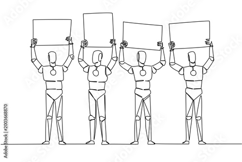 Single line drawing of four robots standing and lifting individual blank ad boards over their heads. This advanced technology concept works exceptionally well for an educational workshop presentation.