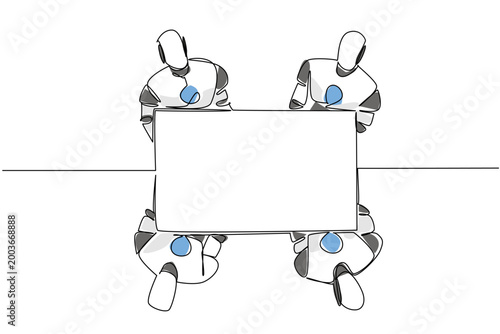 Brilliant continuous line drawing of four robots holding a wide paper map in color together from a top view. This artificial intelligence concept is an excellent graphic for an exhibition banner.