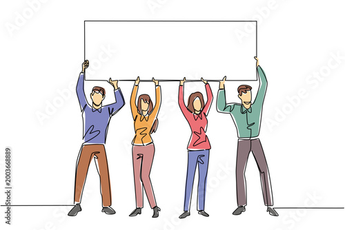 Colorful single line drawing of four business people raising a blank marketing board together above their heads. This incredible teamwork business concept is perfect for advertisement banner design.