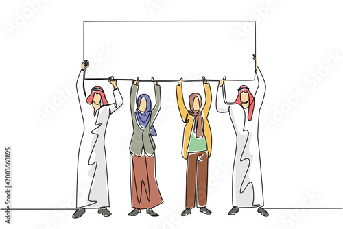 Colorful single line drawing of four Arabian people raising a blank advertisement board together above their heads. Teamwork diversity concept is incredibly suitable for a global event presentation.