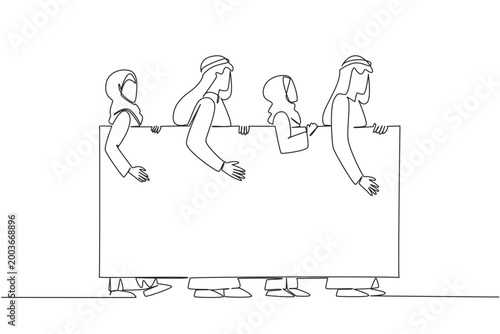 Beautiful one line drawing of two Arabian businessmen and two Muslim businesswomen walking with a blank ad board. This global diversity concept works perfectly for an international community flyer.