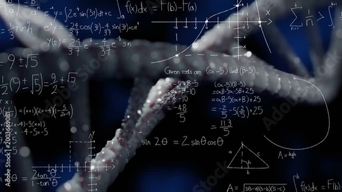 Focus shift starting camera sweep along DNA helix, drops glinting while math drawing to show form