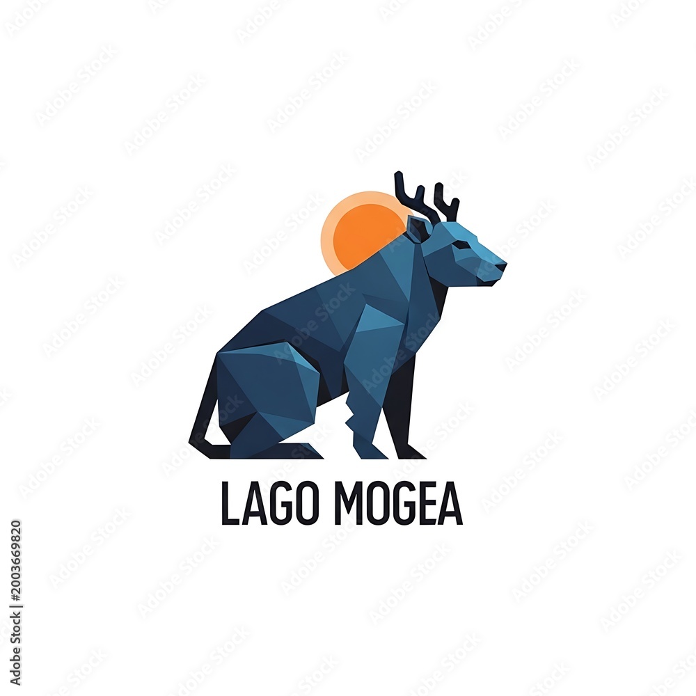 Obraz premium Geometric blue deer or stag with antlers sitting against an orange sun on a white background