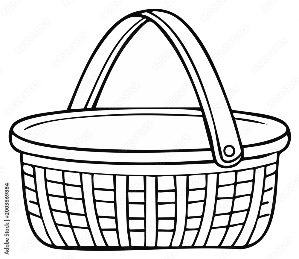Fototapeta premium Black and white woven basket with handle, illustration