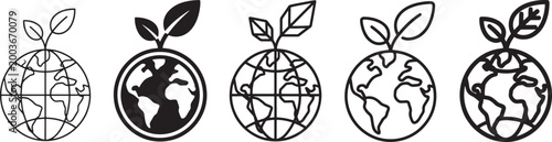Set of five different eco friendly earth globe icons with leaves on top featuring minimalist thin line bold solid silhouette geometric rounded and thick stroke styles for environment Vector