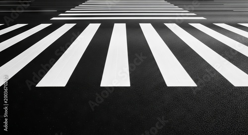 Bold white parallel lines of a street crossing stretch across dark asphalt, creating a high contrast geometric pattern on the urban road, asphalt, way, contrast