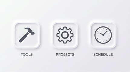 Three neumorphic white square icons with rounded corners, featuring a hammer for tools, a gear for projects, and a clock for schedule, on a light grey background.