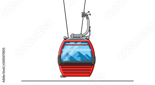 Modern red ski gondola cabin suspended by cables against a crisp white background reflecting snow capped mountains