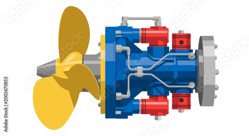 Detailed illustration of a marine propulsion system featuring a yellow propeller blue engine block and red components