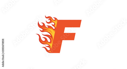Fiery letter f logo represents speed energy and passion with flames igniting the bold orange character on white