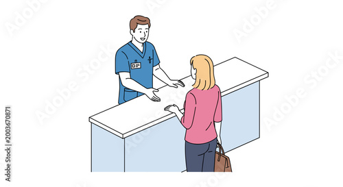 Healthcare professional in blue uniform assists female patient at reception desk discussing medical information