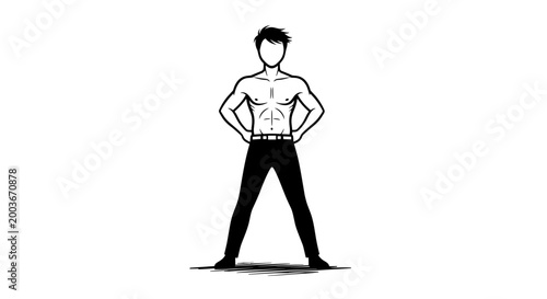 Muscular man standing confidently with hands on hips showing athletic physique and strength isolated on white