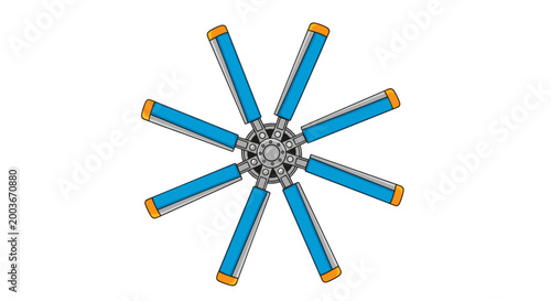Abstract radial arrangement of eight blue cylindrical components with orange ends symbolizing innovation and technology