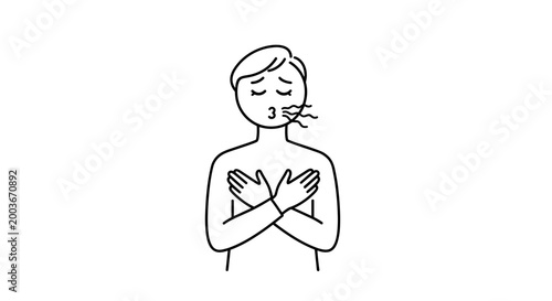 Person exhaling deeply with eyes closed and hands crossed over chest conveying relief stress relief and calm