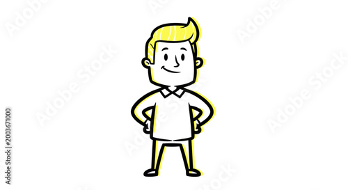 Friendly cartoon man standing confidently with hands on hips smiling and looking forward with a cheerful optimistic