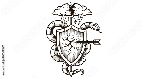 Symbolic shield protected by serpent under stormy sky with arrow impact representing resilience and defense