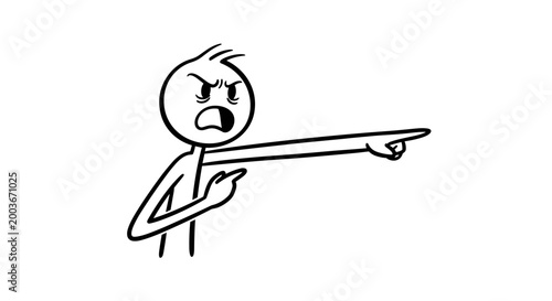 Angry stick figure gesturing aggressively with pointing finger expressing frustration and accusation in a minimalist