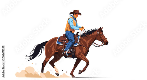 Skilled cowboy in western attire riding a galloping horse kicking up dust on a white background dynamic motion