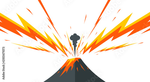 Volcanic eruption with explosive lava and smoke plumes erupting from a conical mountain against a bright white