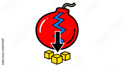 Exploding red bomb icon with downward arrow and yellow cubes symbolizing impact danger or a critical moment
