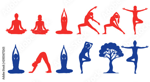 Yoga Poses Silhouettes - Red and Blue Figures on White Background