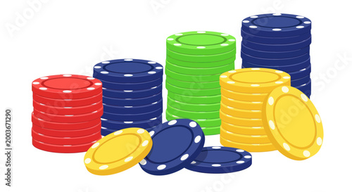 Colorful Casino Chips Stacked and Scattered on White Background