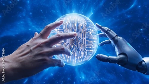 A human hand and a robotic hand interacting with a glowing sphere, symbolizing technology and connection