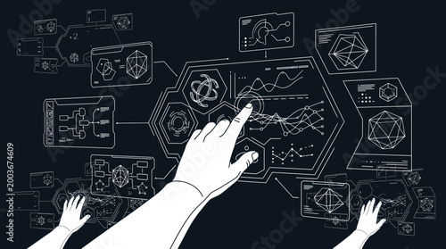 Line art illustration of a hand interacting with a digital interface. Features complex data visualizations, charts, geometry, and network diagrams on a dark background for futuristic UI concept.