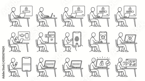 Line art illustration of two-factor authentication (2FA) steps, including password login, mobile notification, fingerprint, and face recognition for secure data access.