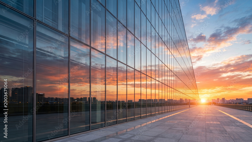 Fototapeta premium Glass building facade reflecting sunset sky, modern architecture exterior, urban skyline reflection, minimal perspective city background with copy space