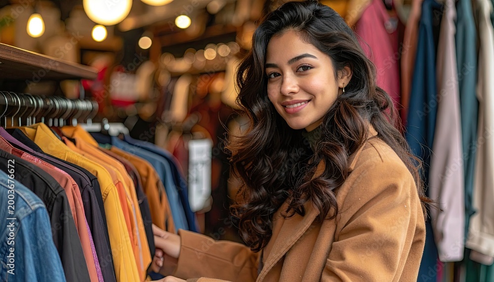 Obraz premium Woman browsing clothing rack in a boutique with colorful garments for retail
